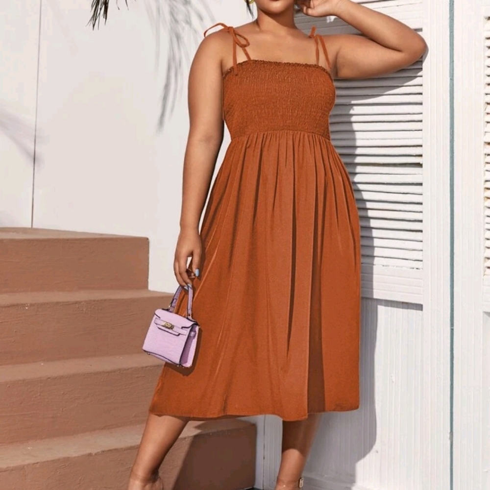 Plus Tie Shoulder Shirred Bodice Cami Dress 1X